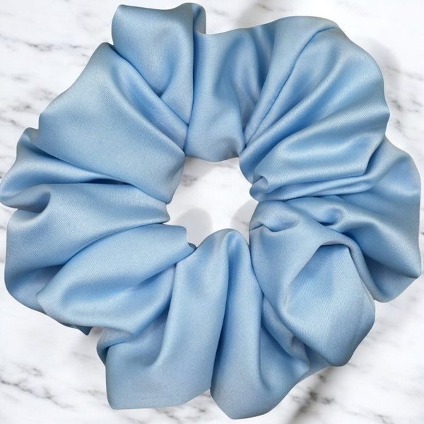 Extra Large Sky Blue Royal Micro Satin Scrunchie. Shop Tuhil Threads hair accessories.