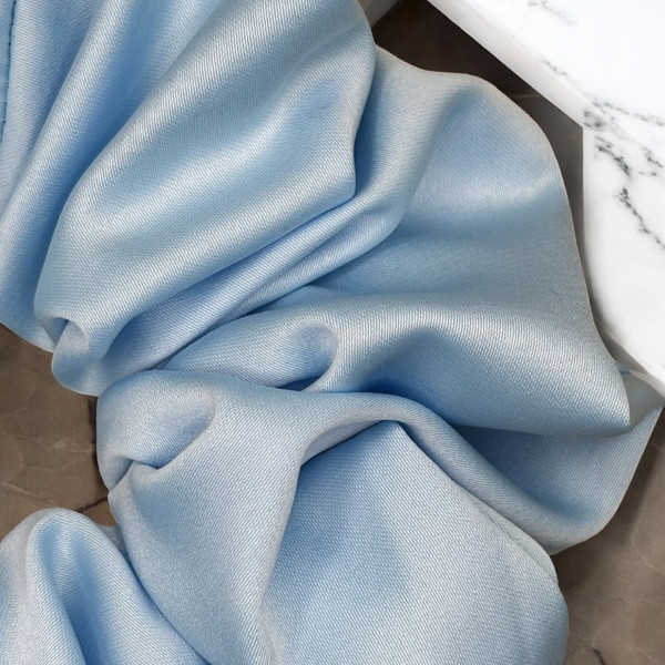 Extra Large Sky Blue Royal Micro Satin Scrunchie. Shop Tuhil Threads hair accessories.