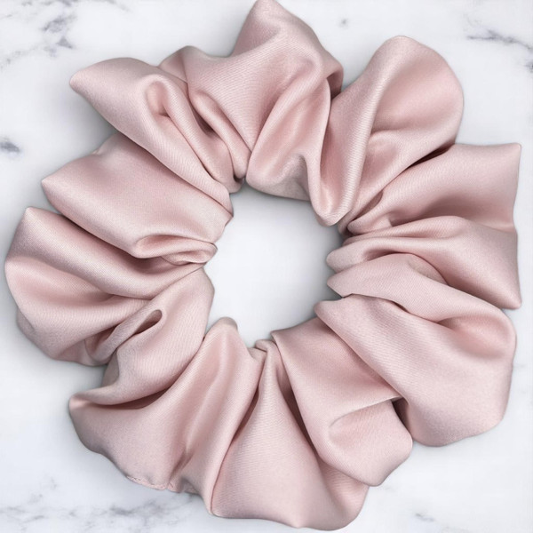 Tuhil Threads Large Soft Pink Royal Micro Satin Scrunchie. Luxurious large satin hair tie for a gentle, stylish hold. Shop Tuhil Threads hair accessories.