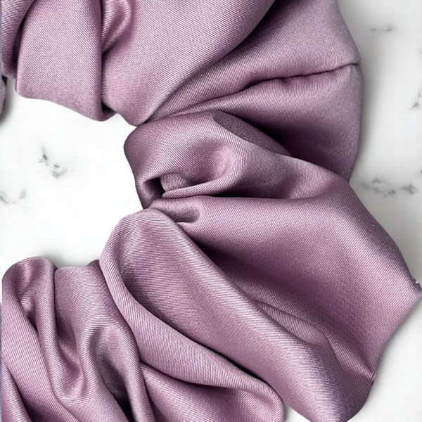 Tuhil Threads Large Lilac Royal Micro Satin Scrunchie. Luxurious large satin hair tie for a gentle, stylish hold. Shop Tuhil Threads hair accessories.