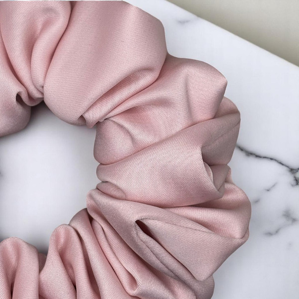 Tuhil Threads Medium Sot Pink Royal Micro Satin Scrunchie. Luxurious medium satin hair tie for a gentle, stylish hold. Shop Tuhil Threads hair accessories.