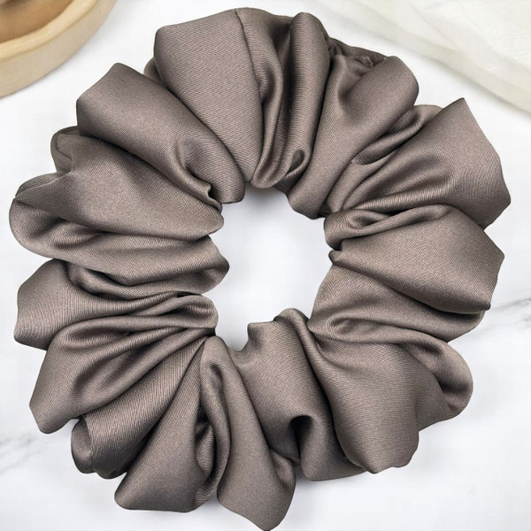 Tuhil Threads Medium Taupe Royal Micro Satin Scrunchie. Luxurious medium satin hair tie for a gentle, stylish hold. Shop Tuhil Threads hair accessories.
