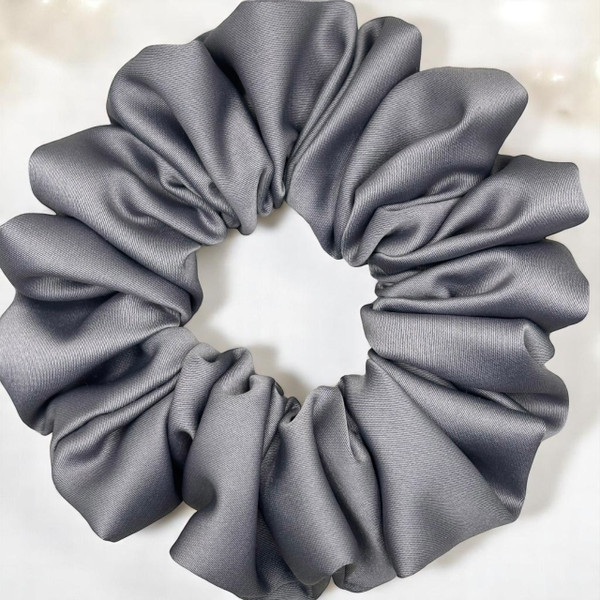 Tuhil Threads Medium Grey Royal Micro Satin Scrunchie. Luxurious medium satin hair tie for a gentle, stylish hold. Shop Tuhil Threads hair accessories.