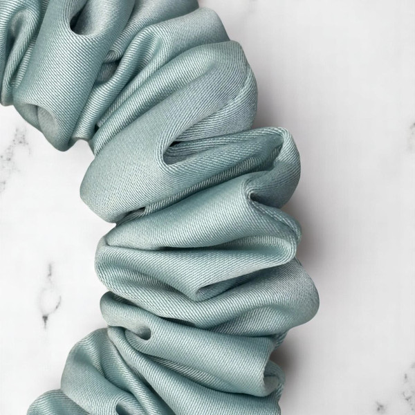 Tuhil Threads Small Mint Green Royal Micro Satin Scrunchie. Luxurious small satin hair tie for a gentle, stylish hold. Shop Tuhil Threads hair accessories