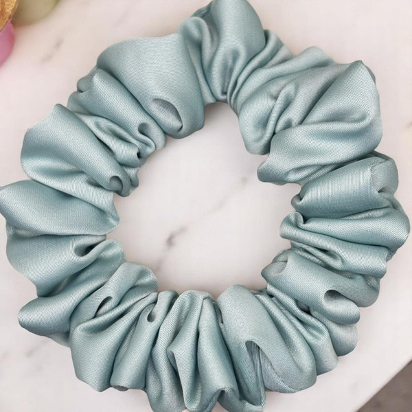 Tuhil Threads Small Mint Green Royal Micro Satin Scrunchie. Luxurious small satin hair tie for a gentle, stylish hold. Shop Tuhil Threads hair accessories
