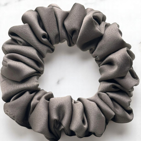 Tuhil Threads Small Taupe Royal Micro Satin Scrunchie. Luxurious small satin hair tie for a gentle, stylish hold. Shop Tuhil Threads hair accessories