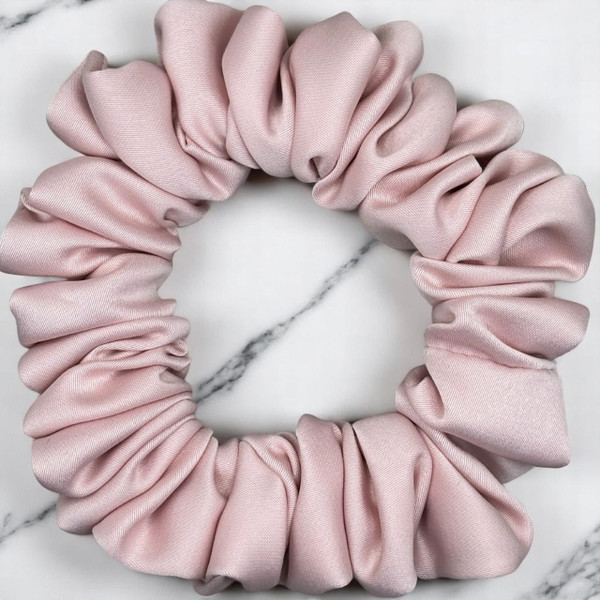 Tuhil Threads Small Soft Pink Royal Micro Satin Scrunchie. Luxurious small satin hair tie for a gentle, stylish hold. Shop Tuhil Threads hair accessories
