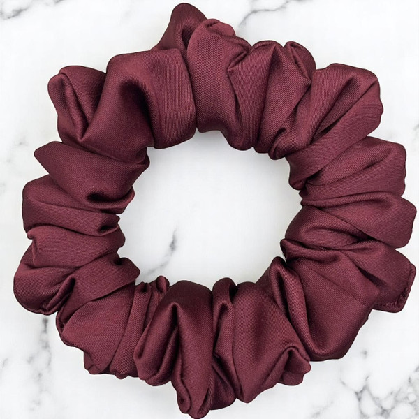 Tuhil Threads Small Burgundy Royal Micro Satin Scrunchie. Luxurious small satin hair tie for a gentle, stylish hold. Shop Tuhil Threads hair accessories