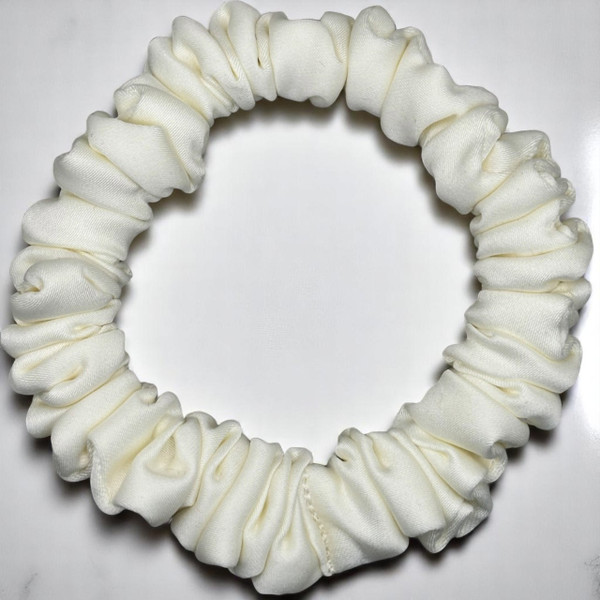 Tuhil Threads X-Small Cream Royal Micro Satin Scrunchie. Luxurious extra small satin hair tie for a gentle, stylish hold. Shop Tuhil Threads hair accessories