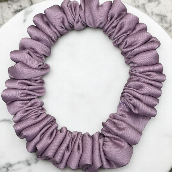 Tuhil Threads X-Small Lilac Royal Micro Satin Scrunchie. Luxurious extra small satin hair tie for a gentle, stylish hold. Shop Tuhil Threads hair accessories