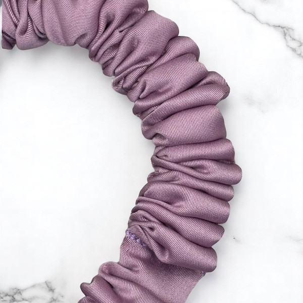 Tuhil Threads X-Small Lilac Royal Micro Satin Scrunchie. Luxurious extra small satin hair tie for a gentle, stylish hold. Shop Tuhil Threads hair accessories