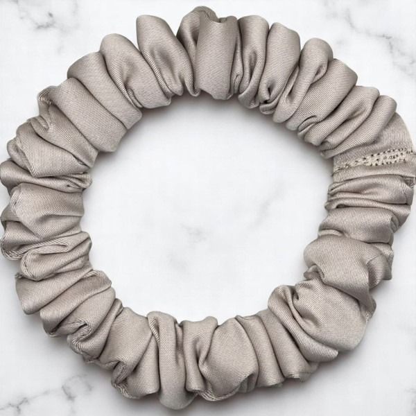 Tuhil Threads X-Small Mink Royal Micro Satin Scrunchie. Luxurious extra small satin hair tie for a gentle, stylish hold. Shop Tuhil Threads hair accessories