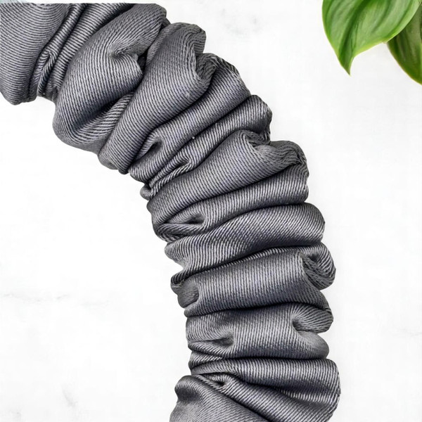 Tuhil Threads X-Small Grey Royal Micro Satin Scrunchie. Luxurious extra small satin hair tie for a gentle, stylish hold. Shop Tuhil Threads hair accessories