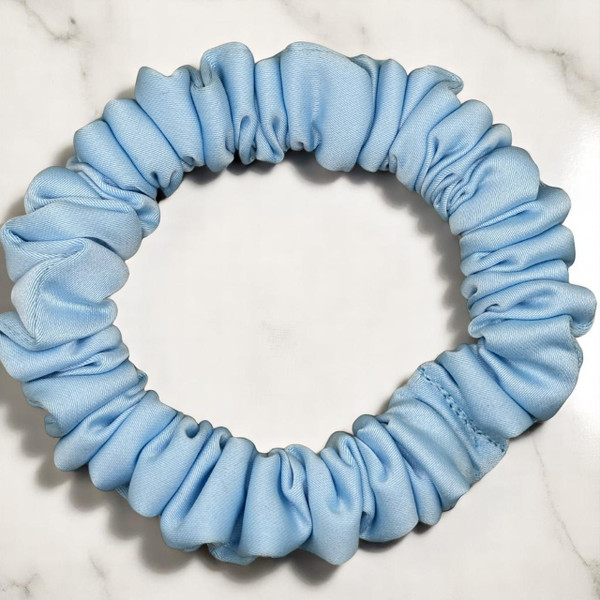 Tuhil Threads X-Small Sky Blue Royal Micro Satin Scrunchie. Luxurious extra small satin hair tie for a gentle, stylish hold. Shop Tuhil Threads hair accessories
