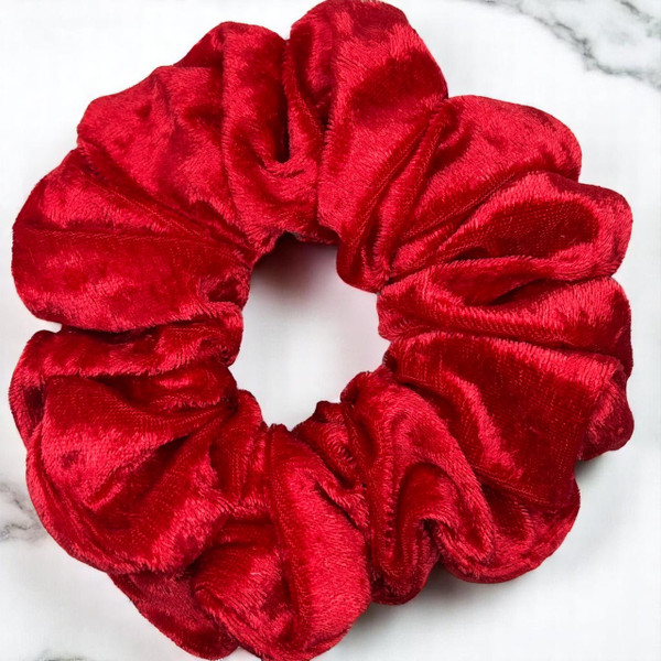 Tuhil Threads Large Scarlet Red Velvet Scrunchie. Soft, rich large velvet hair tie for an elegant, gentle hold. Shop Tuhil Threads hair accessories.