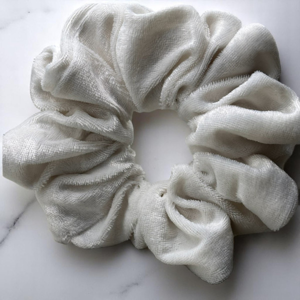 Tuhil Threads Large Ivory Velvet Scrunchie. Soft, rich large velvet hair tie for an elegant, gentle hold. Shop Tuhil Threads hair accessories.