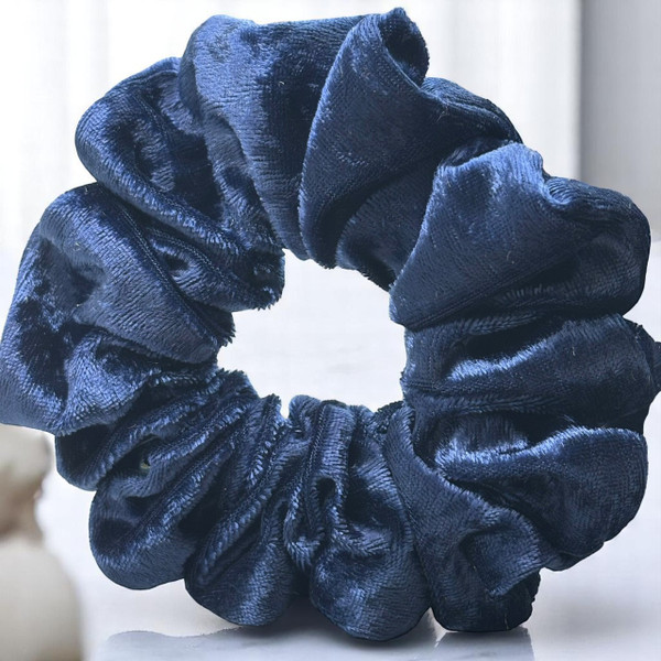 Tuhil Threads Large French Navy Velvet Scrunchie. Soft, rich large velvet hair tie for an elegant, gentle hold. Shop Tuhil Threads hair accessories.
