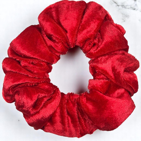 Tuhil Threads Medium Scarlet Red Velvet Scrunchie. Soft, rich medium velvet hair tie for an elegant, gentle hold. Shop Tuhil Threads hair accessories.