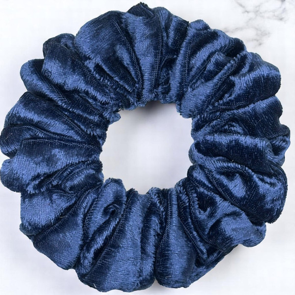 Tuhil Threads Medium French Navy Velvet Scrunchie. Soft, rich medium velvet hair tie for an elegant, gentle hold. Shop Tuhil Threads hair accessories.