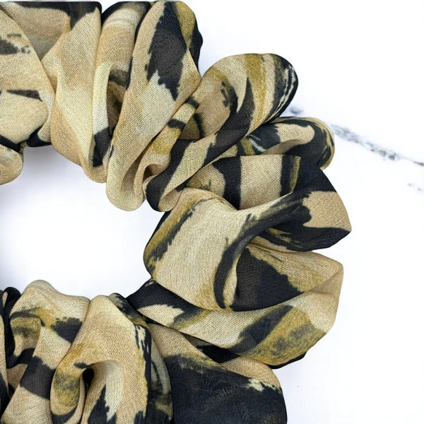 Tuhil Threads Medium Earth Tone Abstract Animal Print Chiffon Scrunchie. Shop Tuhil Threads hair accessories.