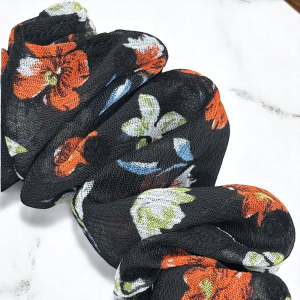 Tuhil Threads Medium Black Floral Print Chiffon Scrunchie. Shop Tuhil Threads hair accessories.