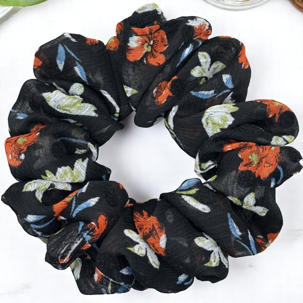 Tuhil Threads Medium Black Floral Print Chiffon Scrunchie. Shop Tuhil Threads hair accessories.