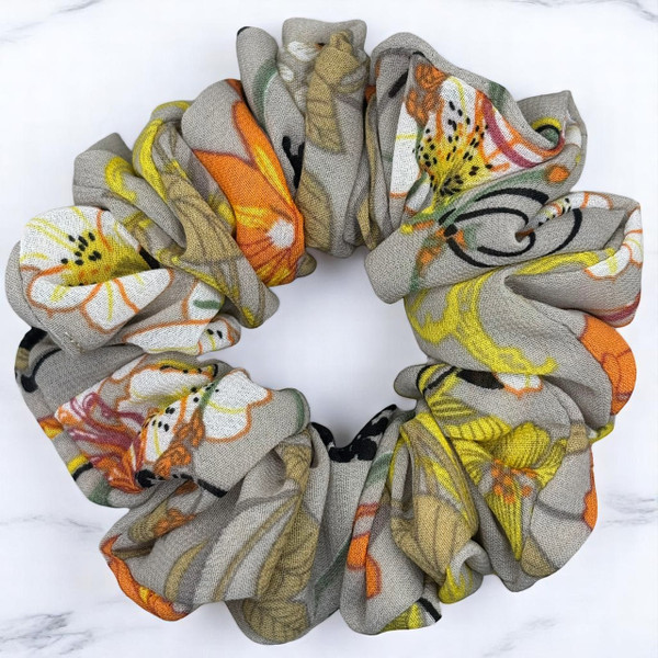 Tuhil Threads Medium Greige Floral Print Chiffon Scrunchie. Shop Tuhil Threads hair accessories.