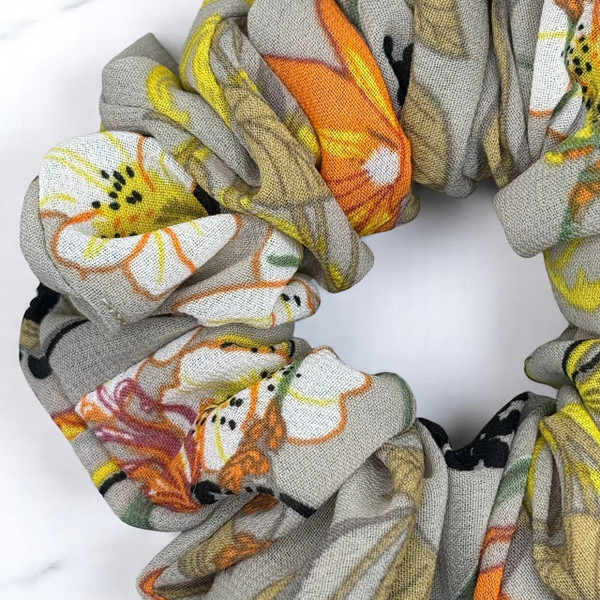 Tuhil Threads Medium Greige Floral Print Chiffon Scrunchie. Shop Tuhil Threads hair accessories.