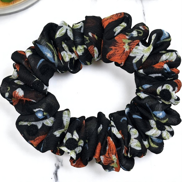 Tuhil Threads Small Black Floral Print Chiffon Scrunchie.  Shop Tuhil Threads hair accessories.