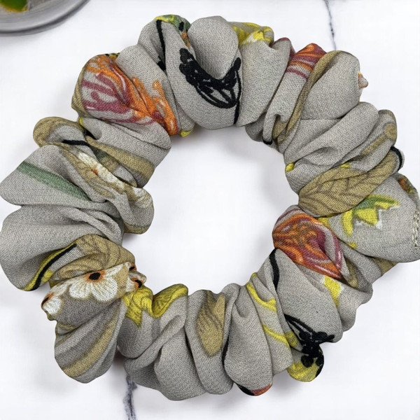Tuhil Threads Small Greige Floral Print Chiffon Scrunchie. Shop Tuhil Threads hair accessories.