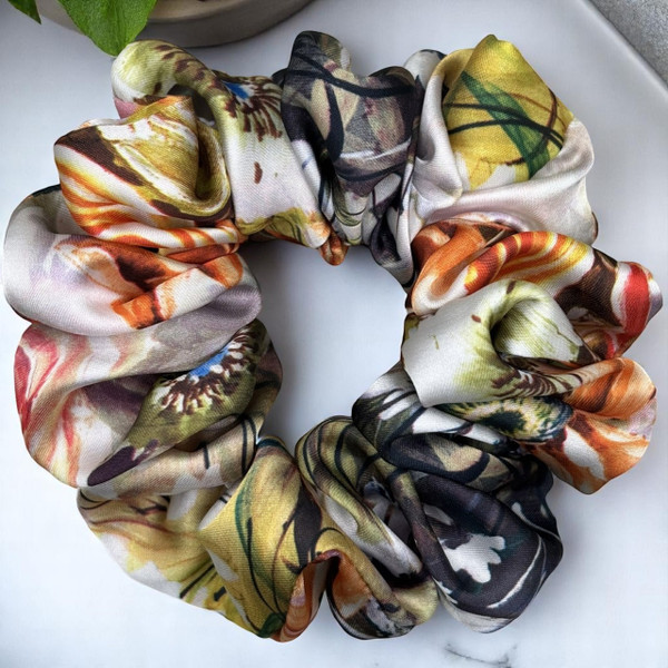 Yellow Floral Scrunchie - Silky Satin Charmeuse