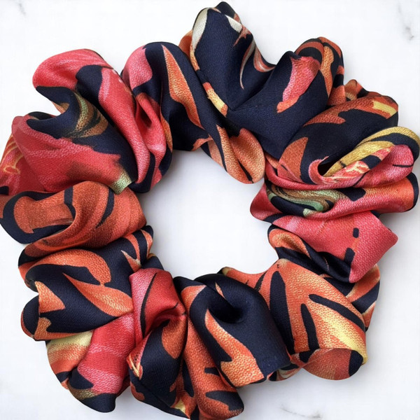 Tuhil Threads Medium Navy & Red Abstract Floral Silky Satin Scrunchie. Shop Tuhil Threads hair accessories.