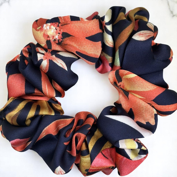 Tuhil Threads Medium Navy & Red Abstract Floral Silky Satin Scrunchie. Shop Tuhil Threads hair accessories.