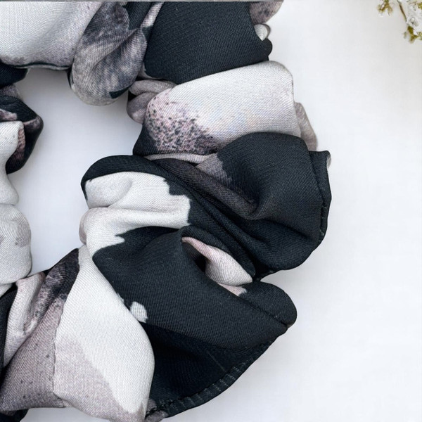 Tuhil Threads Large Monochrome Abstract Silky Satin Scrunchie. Shop Tuhil Threads hair accessories.
