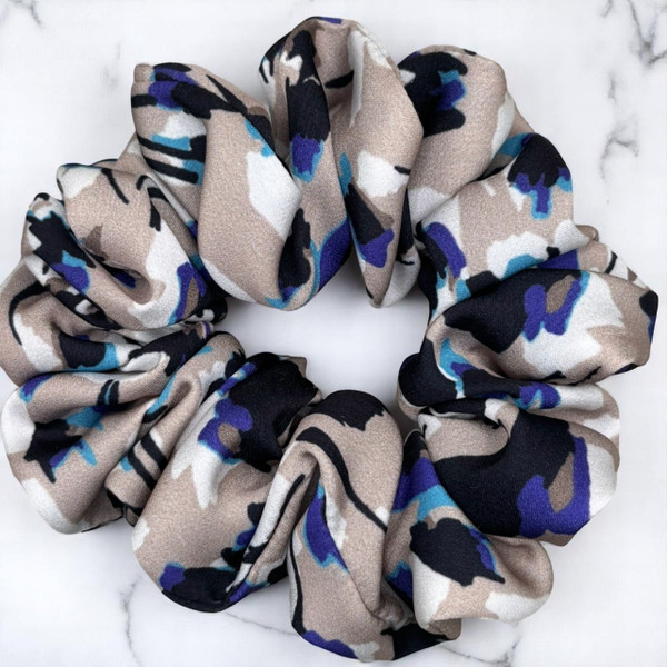 Tuhil Threads Medium Neutral Abstract with Blue Accents Silky Satin Scrunchie. Shop Tuhil Threads hair accessories.