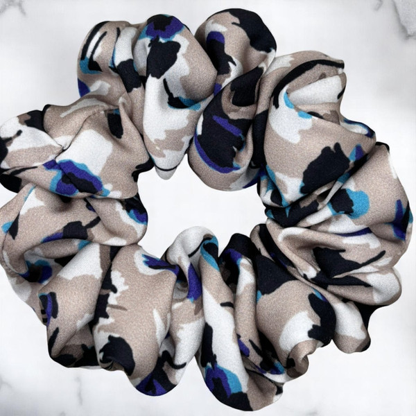 Tuhil Threads Medium Neutral Abstract with Blue Accents Silky Satin Scrunchie. Shop Tuhil Threads hair accessories.