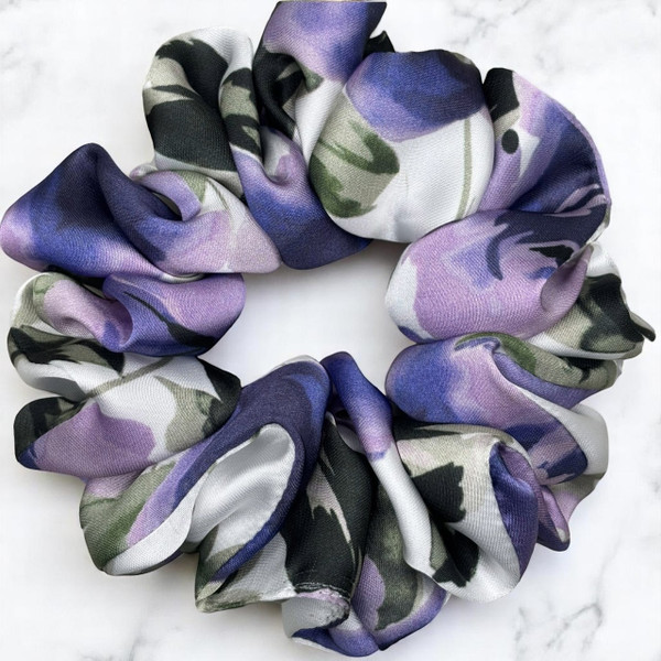 Tuhil Threads Medium Cool Tone Abstract Floral Silky Satin Scrunchie. Shop Tuhil Threads hair accessories.
