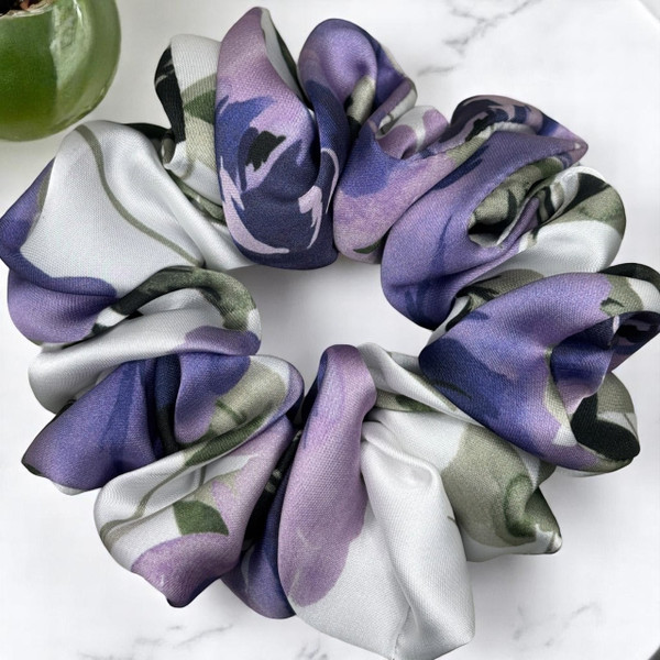 Tuhil Threads Medium Cool Tone Abstract Floral Silky Satin Scrunchie. Shop Tuhil Threads hair accessories.