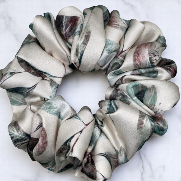 Tuhil Threads Medium Cream Botanical Print Silky Satin Scrunchie. Shop Tuhil Threads hair accessories.