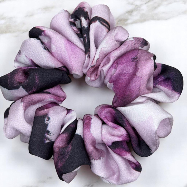 Tuhil Threads Medium Lilac & Deep Purple Abstract Silky Satin Scrunchie. Shop Tuhil Threads hair accessories.