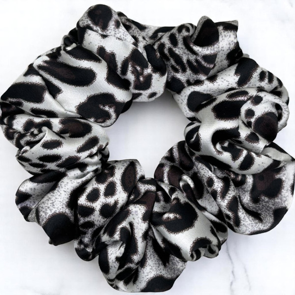 Tuhil Threads Medium Monochrome Leopard Print Silky Satin Scrunchie. Shop Tuhil Threads hair accessories.