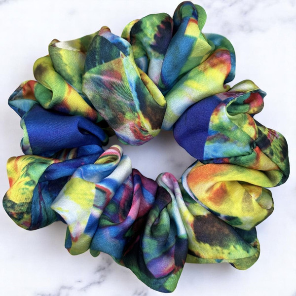 Tuhil Threads Medium Vibrant Abstract Silky Satin Scrunchie. Shop Tuhil Threads hair accessories.