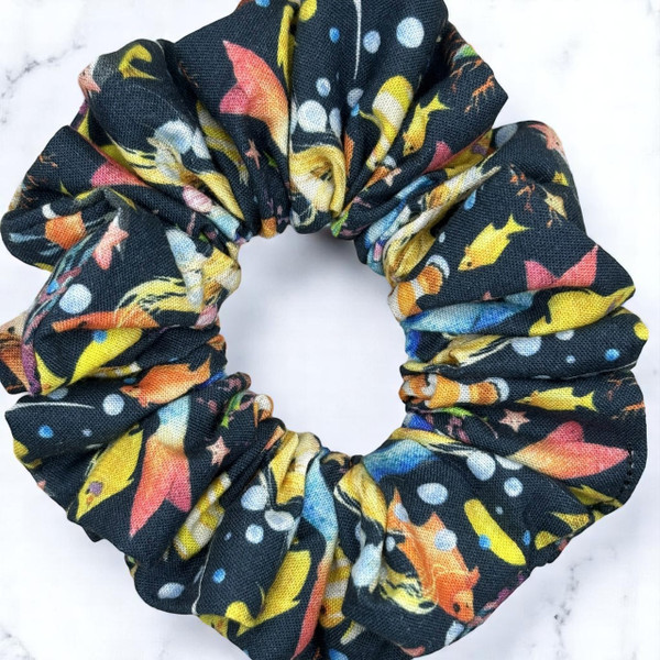 Tuhil Threads Medium Navy Bird & Sea Life Print John Louden Cotton Scrunchie. Shop Tuhil Threads hair accessories.
