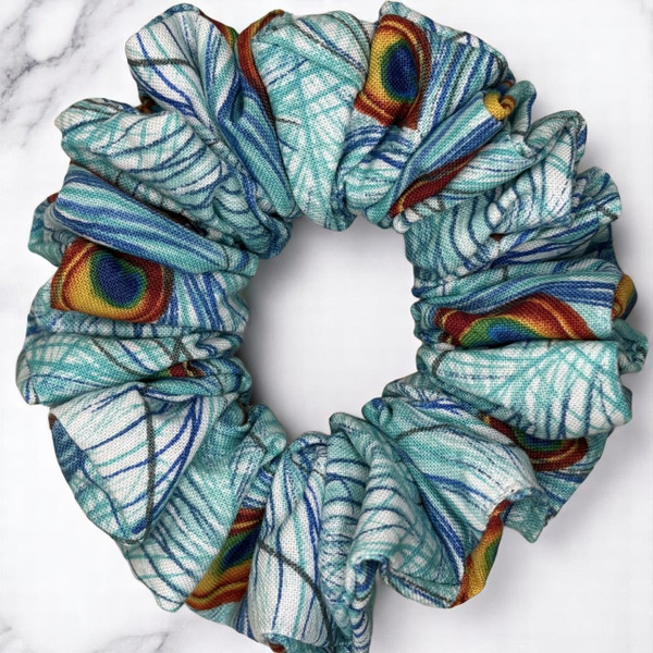 Tuhil Threads Medium Teal & Blue Peacock Feather Print John Louden Cotton Scrunchie. Shop Tuhil Threads hair accessories.