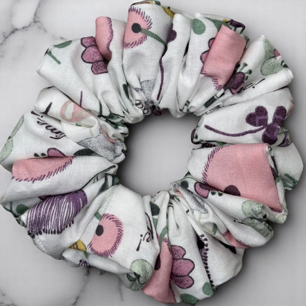 Tuhil Threads Medium White Whimsical Celebration Print John Louden Cotton Scrunchie. Shop Tuhil Threads hair accessories.