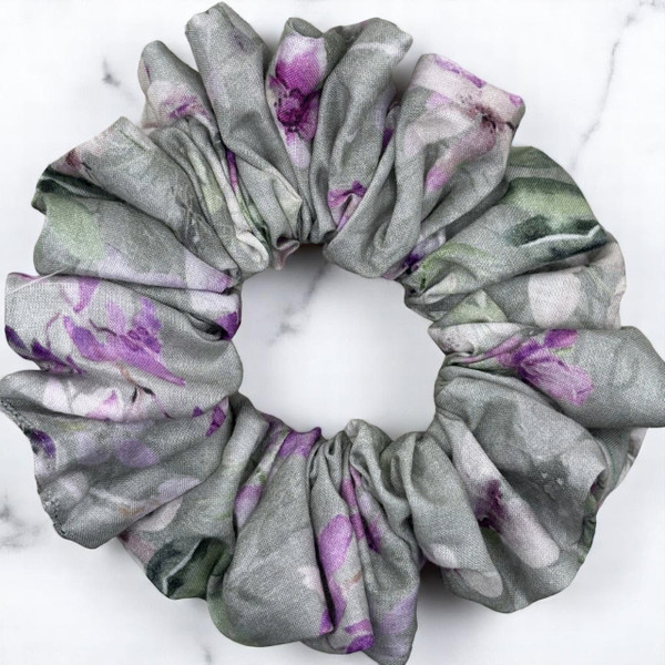 Tuhil Threads Medium Grey & Purple Abstract Floral John Louden Cotton Lawn Scrunchie. Shop Tuhil Threads hair accessories.
