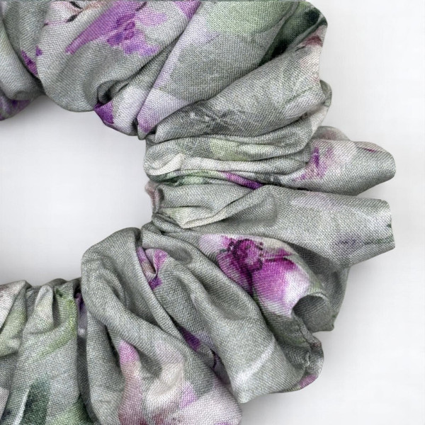 Tuhil Threads Medium Grey & Purple Abstract Floral John Louden Cotton Lawn Scrunchie. Shop Tuhil Threads hair accessories.