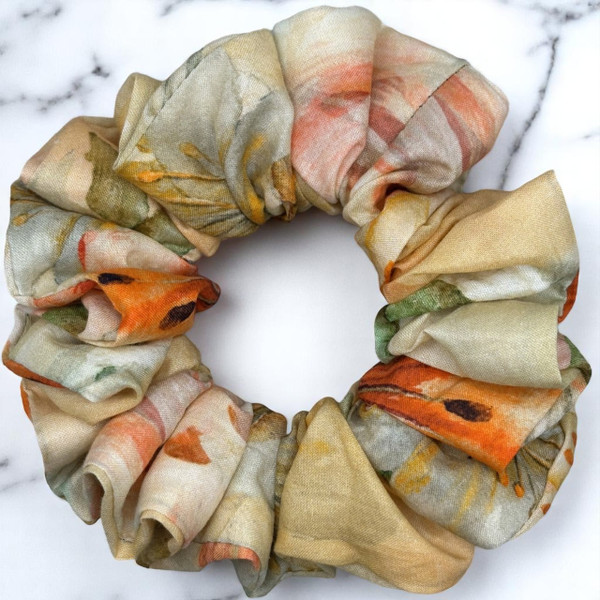 Tuhil Threads Medium Beige & Orange Artistic Floral John Louden Cotton Lawn Scrunchie. Shop Tuhil Threads hair accessories.
