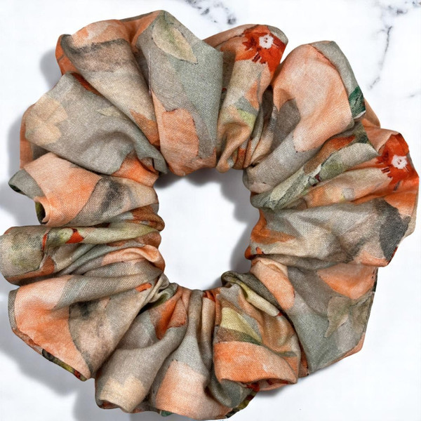 Tuhil Threads Medium Orange & Sage Artistic Floral John Louden Cotton Lawn Scrunchie. Shop Tuhil Threads hair accessories.