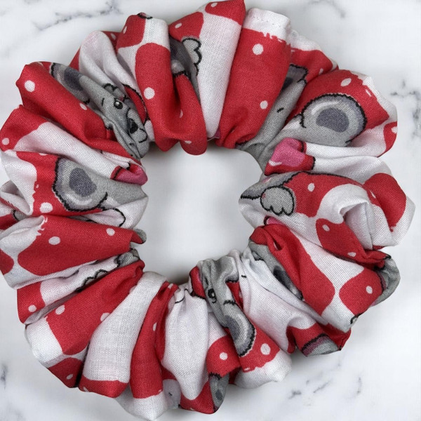 Tuhil Threads Medium Red, White & Grey Koala Print Polycotton Scrunchie. Shop Tuhil Threads hair accessories.